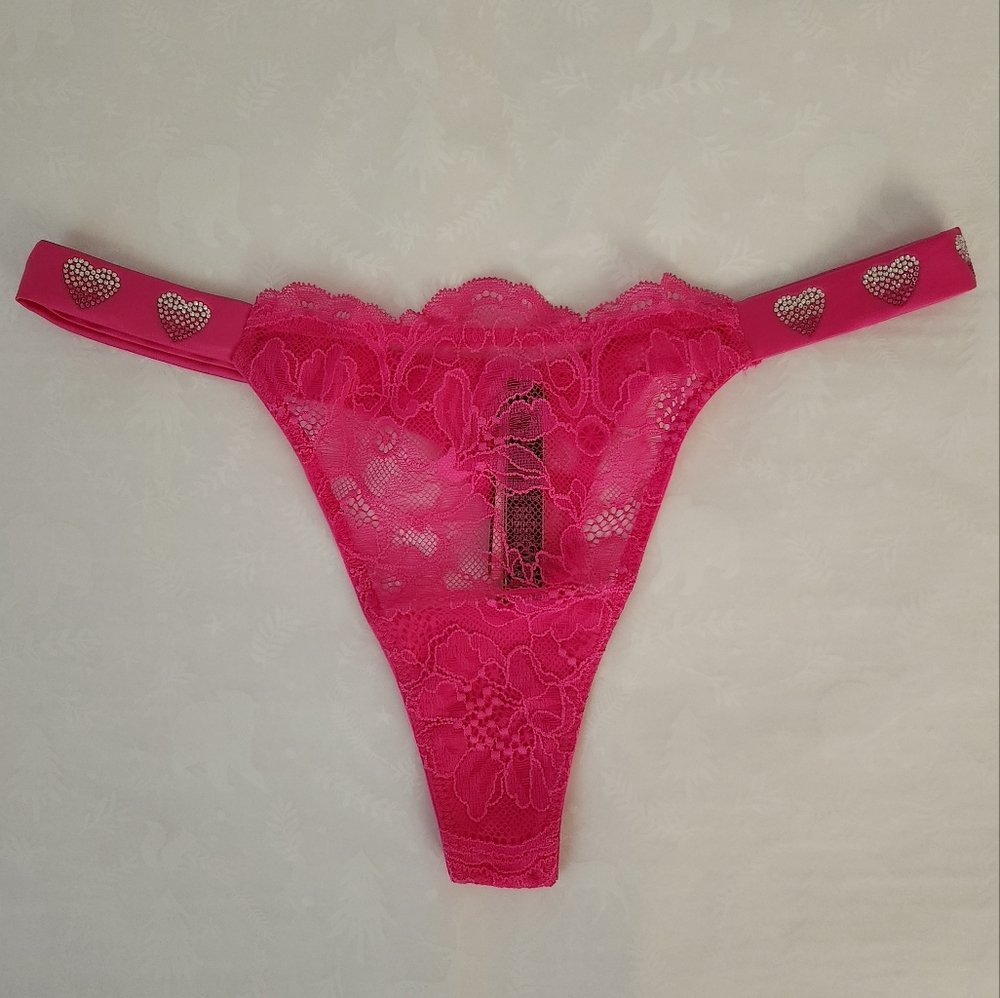 🔥💕NWT Victoria's secret Very Sexy Shine Strap thong panties Hot pink hearts S